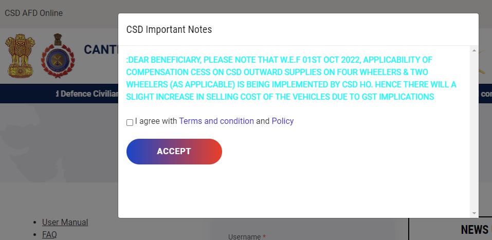 AFD CSD Online Portal Important Note Page with new Terms and Conditions