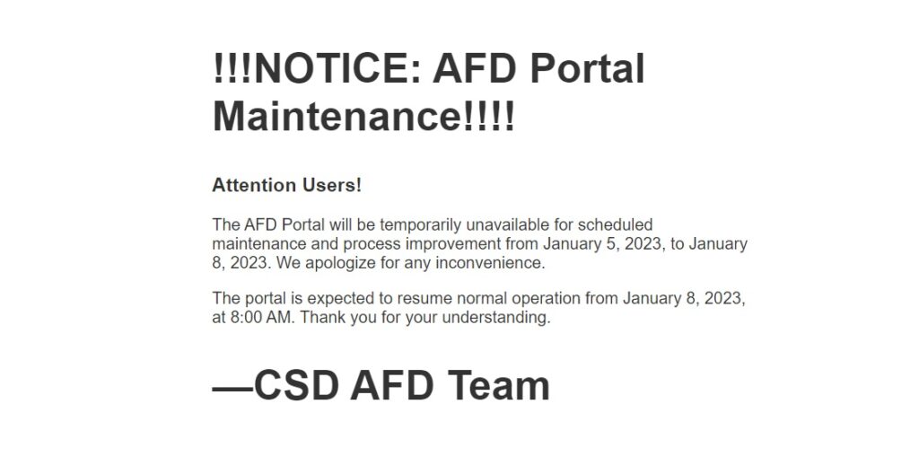 AFD CSD Online Portal Shutdown from 5.1.2024 for 3 Days
