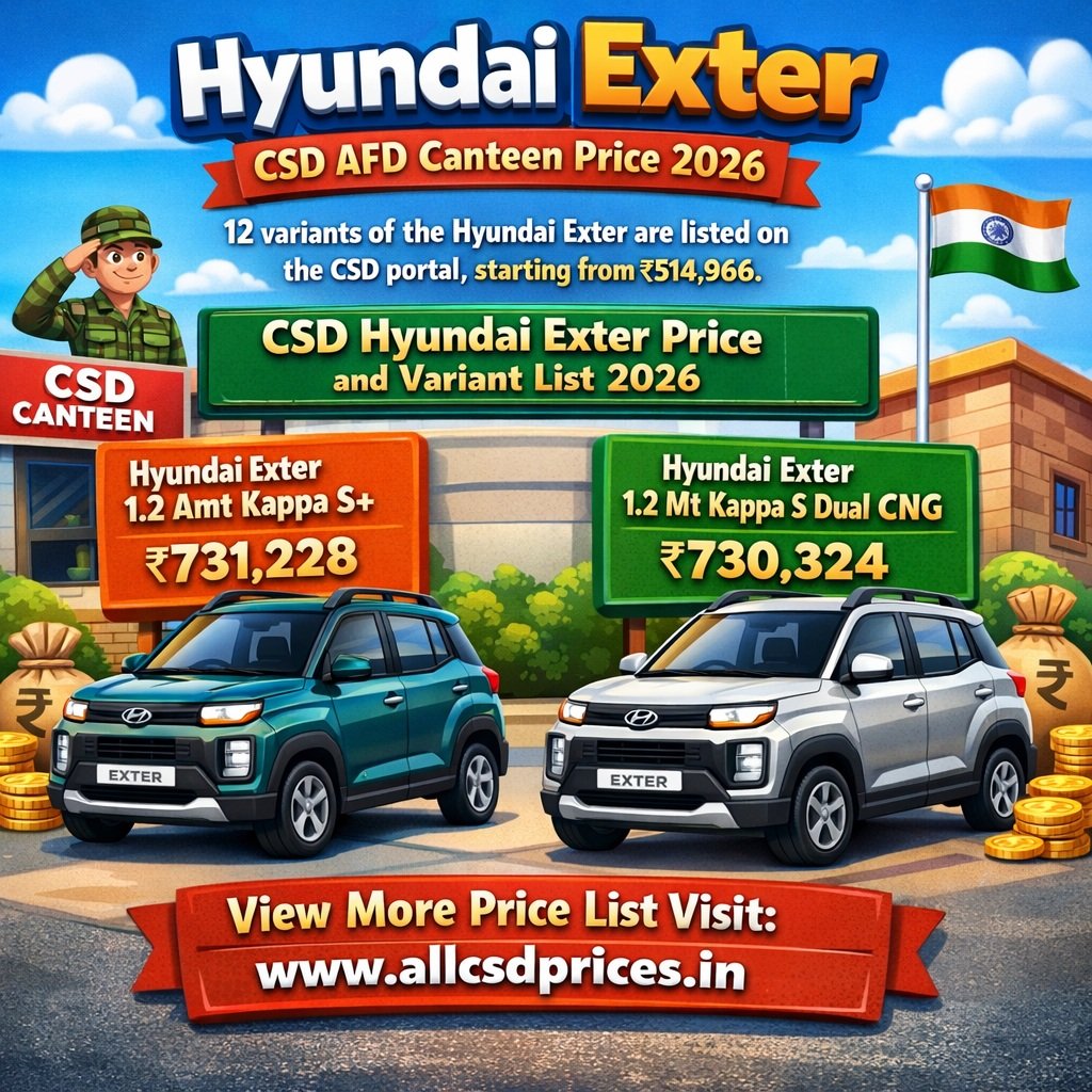 CSD AFD Canteen Hyundai Exter Price List 2026