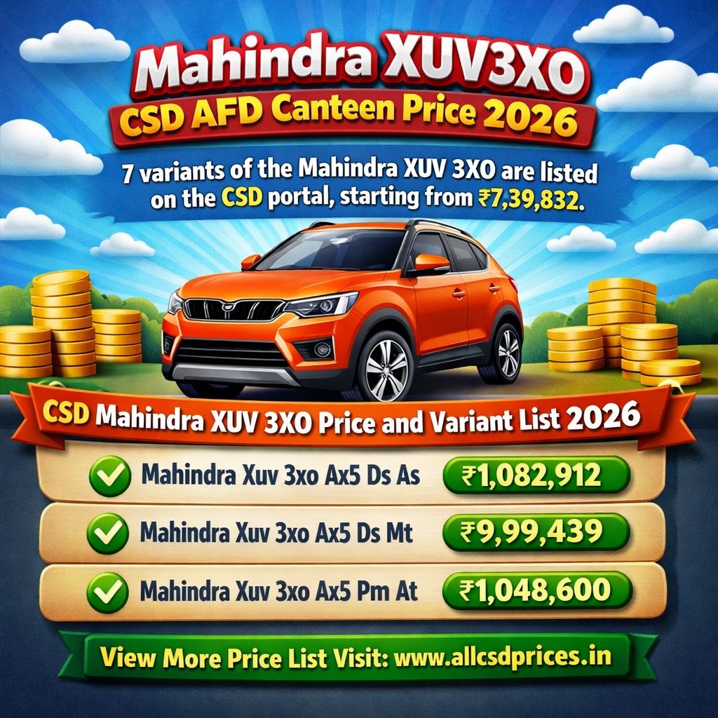 CSD AFD Canteen Mahindra Xuv3xo Price List 2026