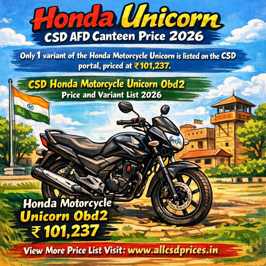 CSD AFD Canteen Honda Unicorn Price List 2026