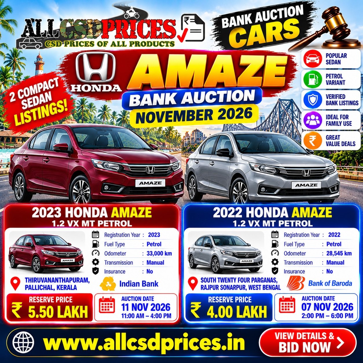 2 Honda Amaze Bank Auction Cars November 2026
