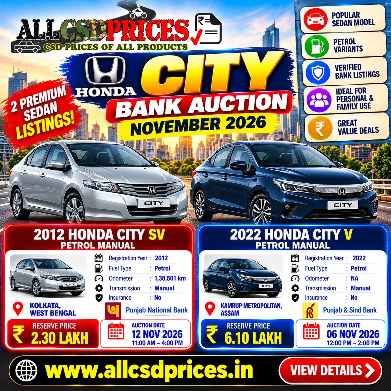 2 Honda City Bank Auction Cars November 2026