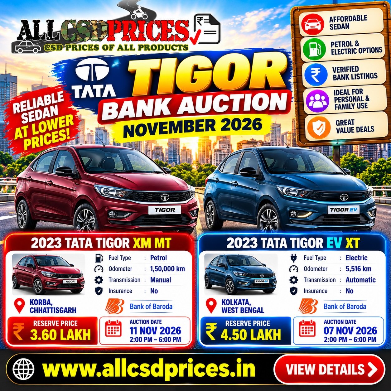 2 Tata Tigor Bank Auction Cars November 2026
