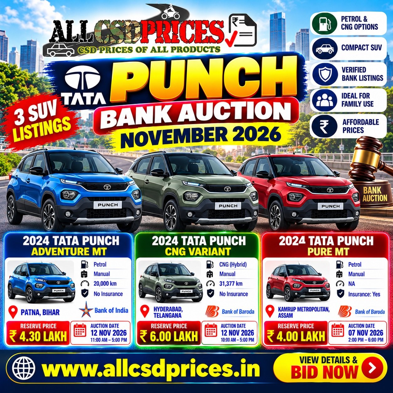 3 Tata Punch Bank Auction Cars November 2026