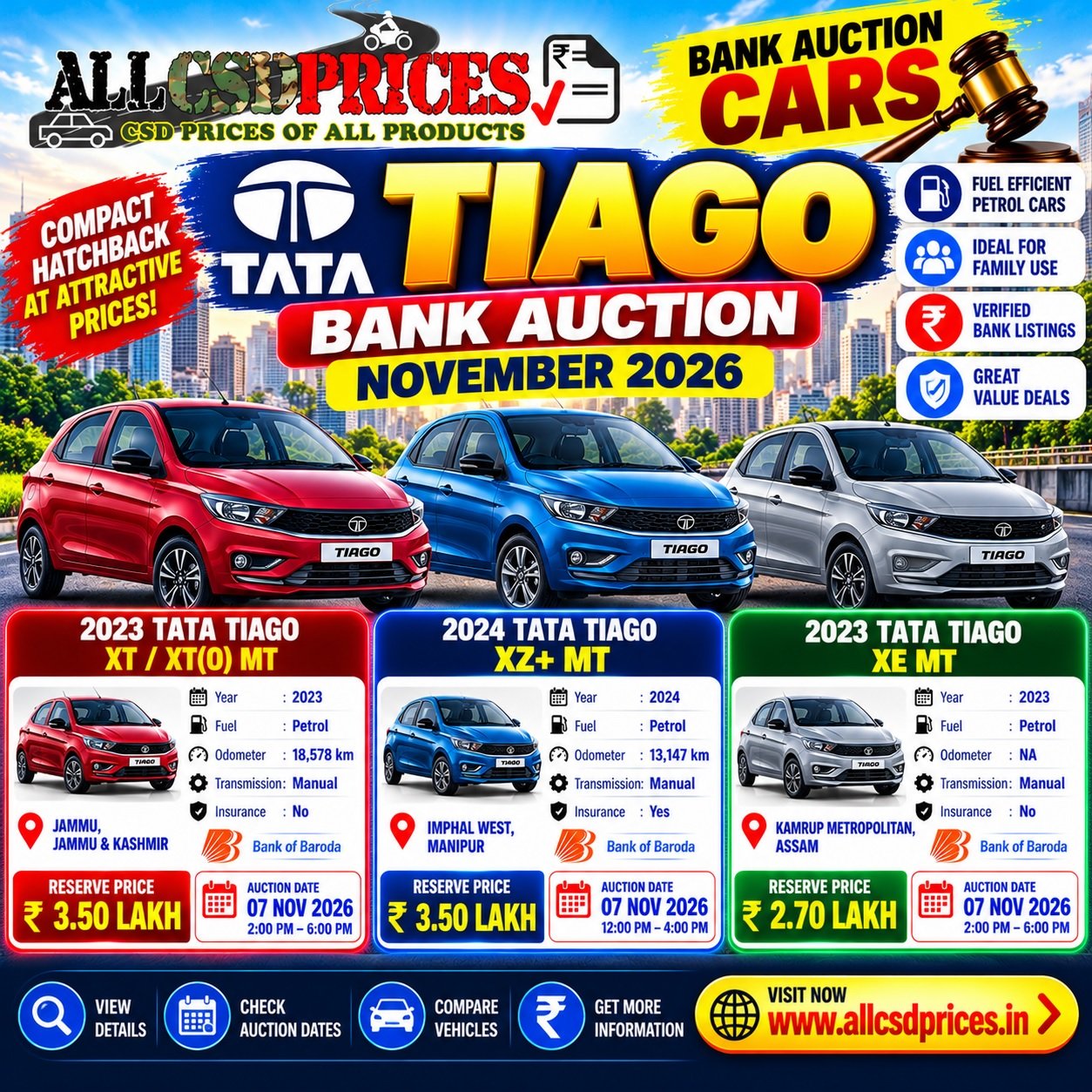3 Tata Tiago Bank Auction Cars November 2026