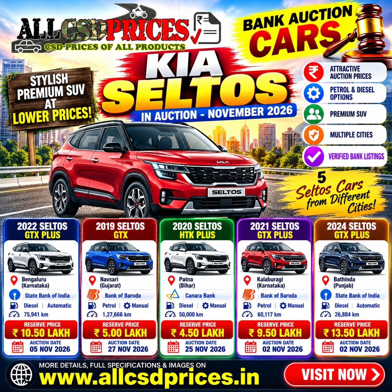 5 Kia Seltos Bank Auction Cars November 2026